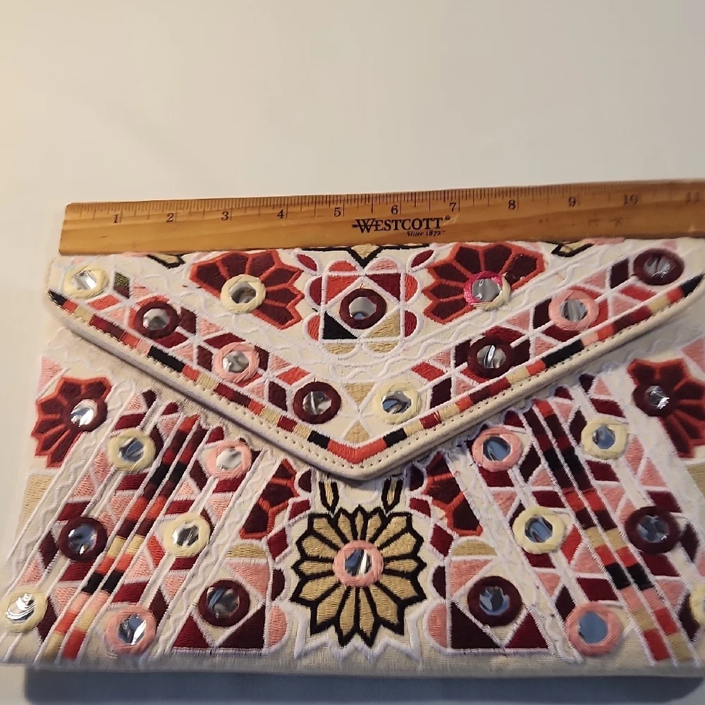 Boho Embroidered Multicolor Mirror Work Clutch‎ Envelope Purse Vegan Boho